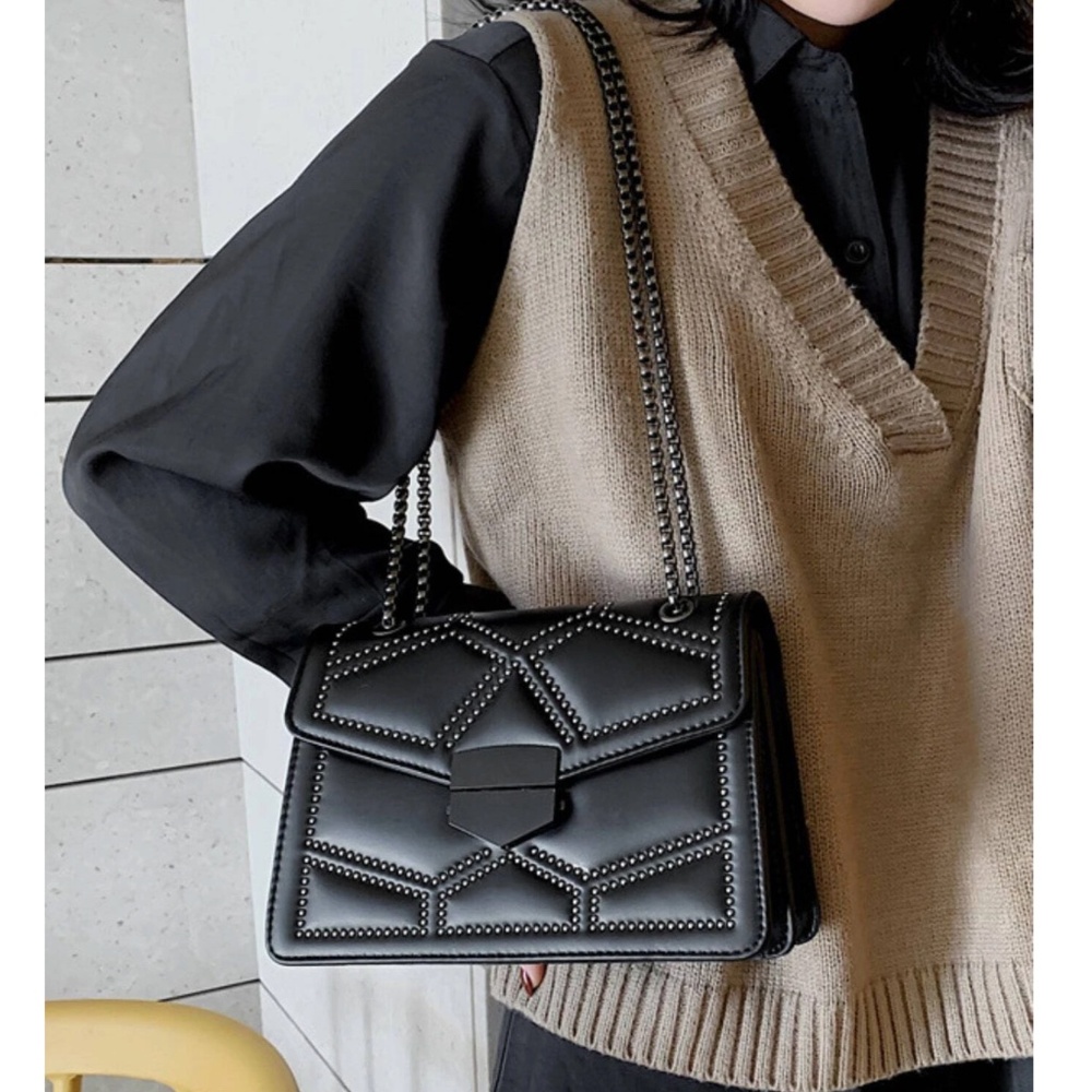 Vegan Leather Studded Graphic Chain Mini Shoulder Crossbody Bag - Picture 3 of 8